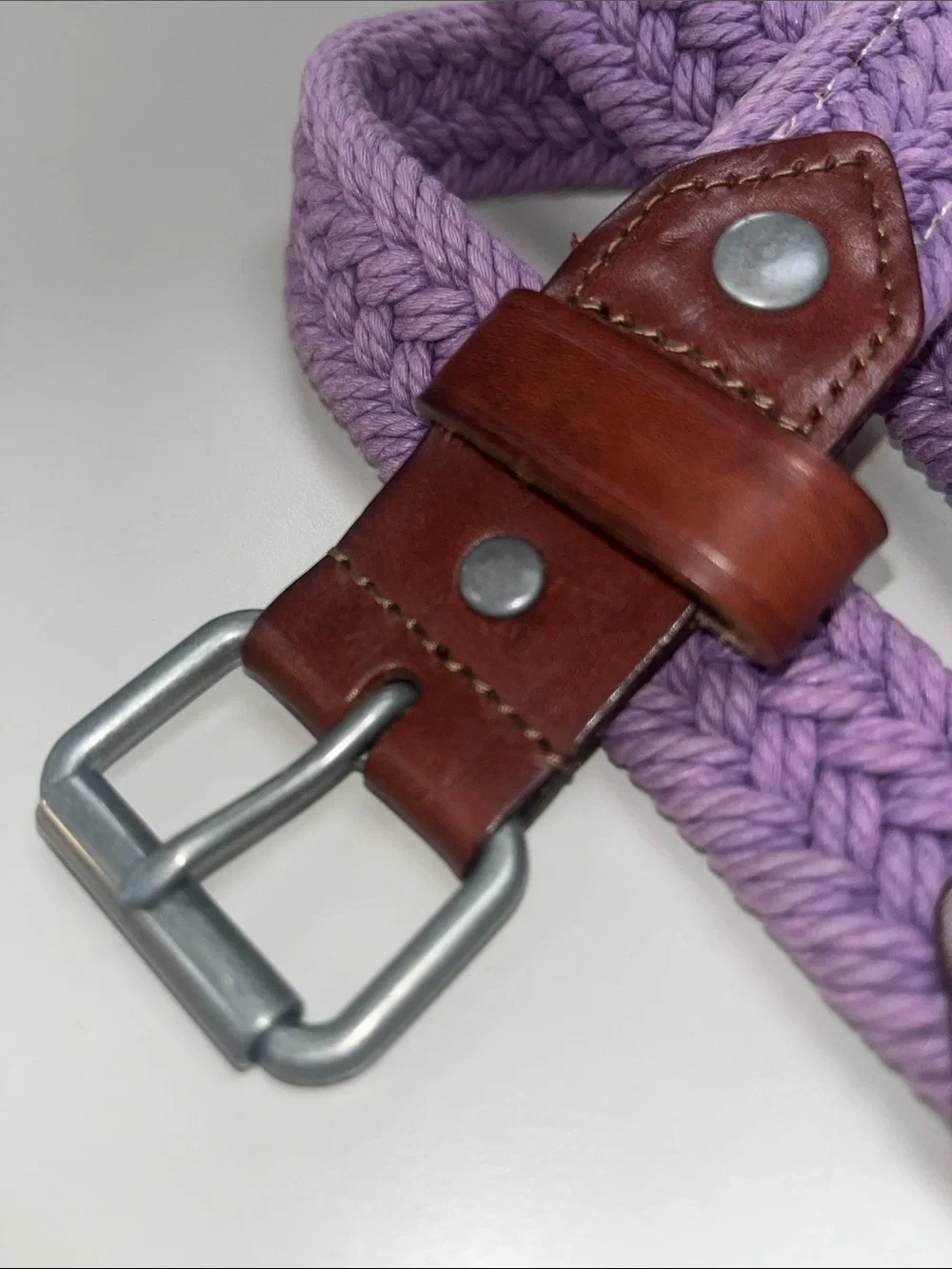 Eddie Bauer Lavender Braided Belt with Brown Leather Trim Size L / XL